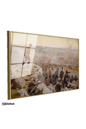 Altın Renk Metal Çerçeveli Tamperli Cam Tablo Atatürk Savaş Meydanı Atatürk Tablosu Duvar Dekoru