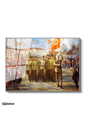 Gümüş Renk Metal Çerçeveli Tamperli Cam Tablo Atatürk İzmir Girişi Atatürk Tablosu Duvar Dekoru