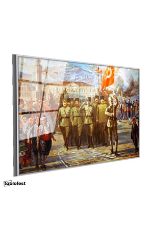 Gümüş Renk Metal Çerçeveli Tamperli Cam Tablo Atatürk İzmir Girişi Atatürk Tablosu Duvar Dekoru