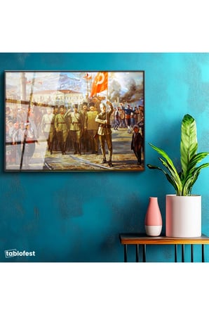 Siyah Renk Metal Çerçeveli Tamperli Cam Tablo Atatürk İzmir Girişi Atatürk Tablosu Duvar Dekoru