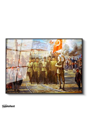 Siyah Renk Metal Çerçeveli Tamperli Cam Tablo Atatürk İzmir Girişi Atatürk Tablosu Duvar Dekoru