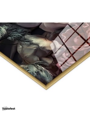 Altın Renk Metal Çerçeveli Tamperli Cam Tablo Kat Kat Yapraklı Pastel Çiçekler Çiçek Tablosu Duvar Dekoru