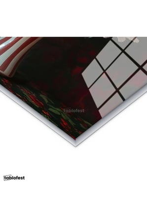Gümüş Renk Metal Çerçeveli Tamperli Cam Tablo Vazoda Kırmızı Beyaz Karanfiller Çiçek Tablosu Duvar Dekoru