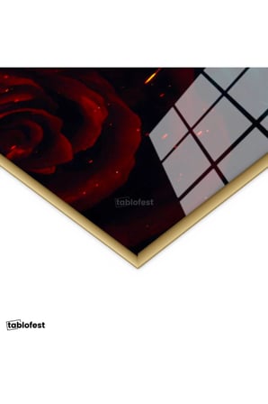 Altın Renk Metal Çerçeveli Tamperli Cam Tablo Alev Görünümlü Kırmızı Gül Çiçek Tablosu Duvar Dekoru