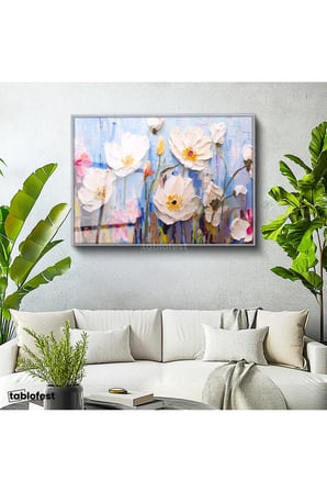 Gümüş Renk Metal Çerçeveli Tamperli Cam Tablo Boya Dokulu Modern Çiçekler Çiçek Tablosu Duvar Dekoru