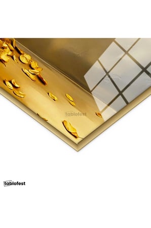 Altın Renk Metal Çerçeveli Tamperli Cam Tablo Altın Yapraklı Estetik Ağaç Çiçek Tablosu Duvar Dekoru