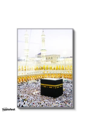 Gümüş Renk Metal Çerçeveli Tamperli Cam Tablo Kabe Mescidi Haram Tavaf Alanı Dini İslami Tablo Duvar Dekoru