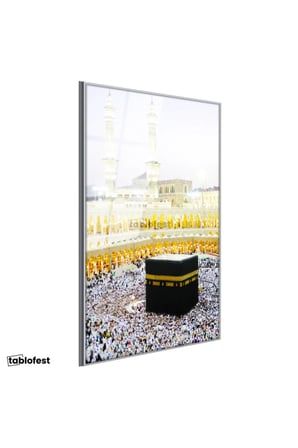 Gümüş Renk Metal Çerçeveli Tamperli Cam Tablo Kabe Mescidi Haram Tavaf Alanı Dini İslami Tablo Duvar Dekoru