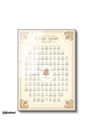 Gümüş Renk Metal Çerçeveli Tamperli Cam Tablo Esmaül Hüsna 99 İsim Şeması Dini İslami Tablo Duvar Dekoru