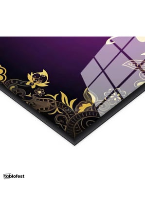 Siyah Renk Metal Çerçeveli Tamperli Cam Tablo Subhanallah Yazısı Mor Desenli Dini İslami Tablo Duvar Dekoru
