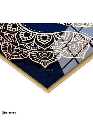 Altın Renk Metal Çerçeveli Tamperli Cam Tablo Felak Suresi Daire İstifli Lacivert Dini İslami Tablo Duvar Dekoru
