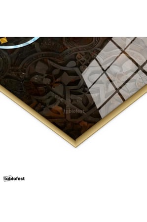 Altın Renk Metal Çerçeveli Tamperli Cam Tablo Selam Ayeti Geometrik Desen Dini İslami Tablo Duvar Dekoru