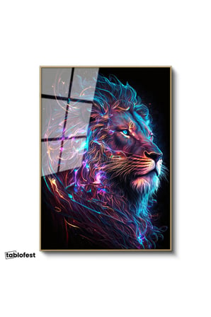 Altın Renk Metal Çerçeveli Tamperli Cam Tablo Neon Çizgisel Aslan Tablosu Duvar Dekoru