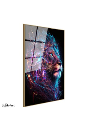 Altın Renk Metal Çerçeveli Tamperli Cam Tablo Neon Çizgisel Aslan Tablosu Duvar Dekoru