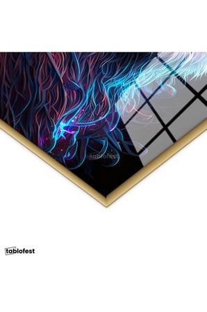 Altın Renk Metal Çerçeveli Tamperli Cam Tablo Neon Çizgisel Aslan Tablosu Duvar Dekoru