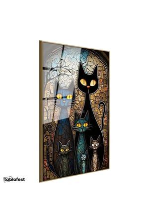 Altın Renk Metal Çerçeveli Tamperli Cam Tablo Modern Mozaik Kedi Tablosu Duvar Dekoru