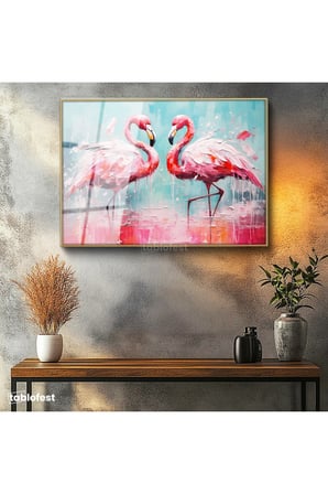 Altın Renk Metal Çerçeveli Tamperli Cam Tablo Yağlı Boya Dokulu Sanatsal Flamingo Tablosu Duvar Dekoru