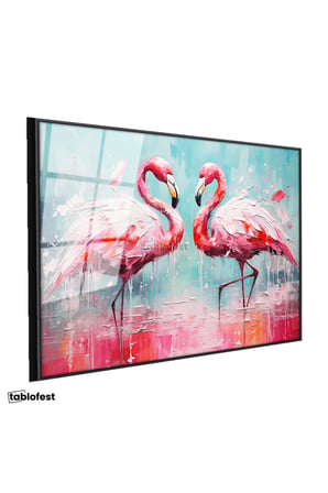 Siyah Renk Metal Çerçeveli Tamperli Cam Tablo Yağlı Boya Dokulu Sanatsal Flamingo Tablosu Duvar Dekoru