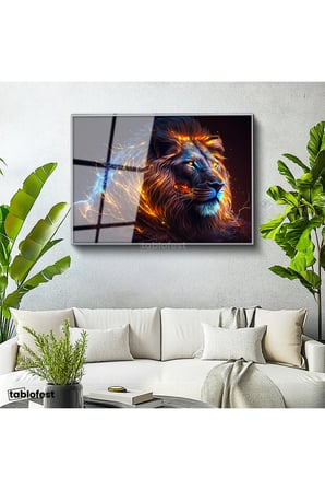Gümüş Renk Metal Çerçeveli Tamperli Cam Tablo Parlak Işıltılı Yele Detaylı Aslan Tablosu Duvar Dekoru