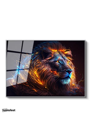 Gümüş Renk Metal Çerçeveli Tamperli Cam Tablo Parlak Işıltılı Yele Detaylı Aslan Tablosu Duvar Dekoru