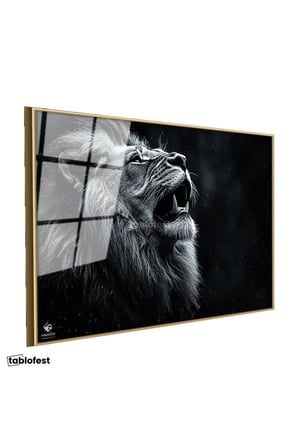 Altın Renk Metal Çerçeveli Tamperli Cam Tablo Yağmur Efektli Kükreyen Aslan Tablosu Duvar Dekoru