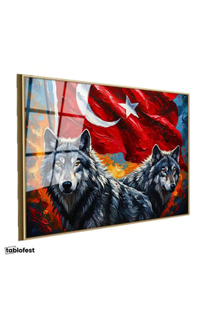Altın Renk Metal Çerçeveli Tamperli Cam Tablo Ay Yıldız Kurt Tablosu Duvar Dekoru