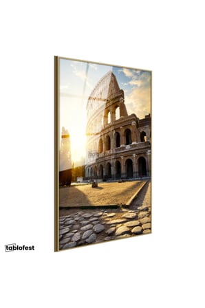 Altın Renk Metal Çerçeveli Tamperli Cam Tablo İtalya Roma Kolezyum Arenası Şehir Mimari Tablo Duvar Dekoru