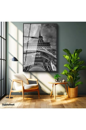 Siyah Renk Metal Çerçeveli Tamperli Cam Tablo Paris Eyfel Kulesi Taban Mimarisi Şehir Mimari Tablo Duvar Dekoru