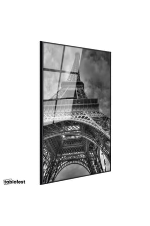 Siyah Renk Metal Çerçeveli Tamperli Cam Tablo Paris Eyfel Kulesi Taban Mimarisi Şehir Mimari Tablo Duvar Dekoru