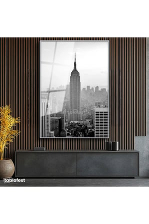 Gümüş Renk Metal Çerçeveli Tamperli Cam Tablo New York Gökdelenler ve Empire State Şehir Mimari Tablo Duvar Dekoru