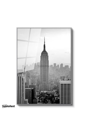 Gümüş Renk Metal Çerçeveli Tamperli Cam Tablo New York Gökdelenler ve Empire State Şehir Mimari Tablo Duvar Dekoru