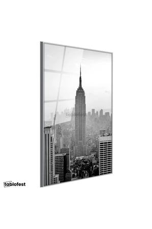 Gümüş Renk Metal Çerçeveli Tamperli Cam Tablo New York Gökdelenler ve Empire State Şehir Mimari Tablo Duvar Dekoru