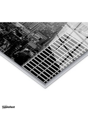 Gümüş Renk Metal Çerçeveli Tamperli Cam Tablo New York Gökdelenler ve Empire State Şehir Mimari Tablo Duvar Dekoru