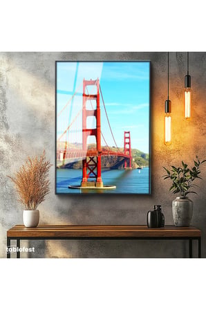 Siyah Renk Metal Çerçeveli Tamperli Cam Tablo San Francisco Kırmızı Köprü Kulesi Şehir Mimari Tablo Duvar Dekoru