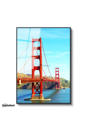 Siyah Renk Metal Çerçeveli Tamperli Cam Tablo San Francisco Kırmızı Köprü Kulesi Şehir Mimari Tablo Duvar Dekoru