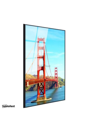 Siyah Renk Metal Çerçeveli Tamperli Cam Tablo San Francisco Kırmızı Köprü Kulesi Şehir Mimari Tablo Duvar Dekoru