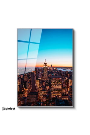 Gümüş Renk Metal Çerçeveli Tamperli Cam Tablo New York Empire State Gece Manzarası Şehir Mimari Tablo Duvar Dekoru