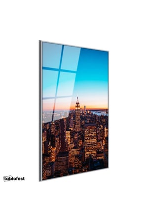 Gümüş Renk Metal Çerçeveli Tamperli Cam Tablo New York Empire State Gece Manzarası Şehir Mimari Tablo Duvar Dekoru