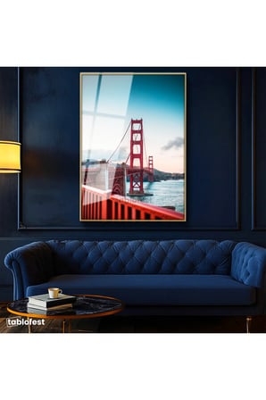 Altın Renk Metal Çerçeveli Tamperli Cam Tablo San Francisco Kırmızı Asma Köprü Şehir Mimari Tablo Duvar Dekoru