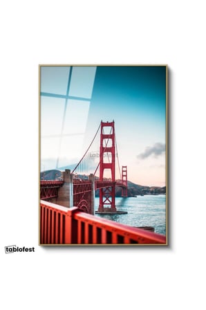 Altın Renk Metal Çerçeveli Tamperli Cam Tablo San Francisco Kırmızı Asma Köprü Şehir Mimari Tablo Duvar Dekoru