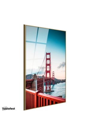 Altın Renk Metal Çerçeveli Tamperli Cam Tablo San Francisco Kırmızı Asma Köprü Şehir Mimari Tablo Duvar Dekoru