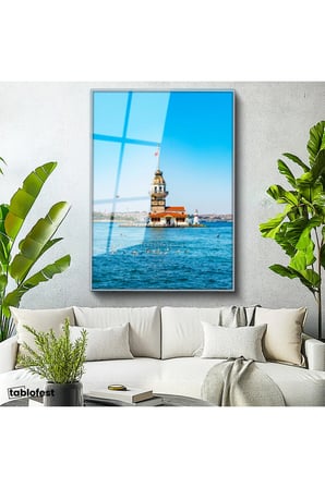 Gümüş Renk Metal Çerçeveli Tamperli Cam Tablo Kız Kulesi ve Mavi Deniz Manzarası Şehir Mimari Tablo Duvar Dekoru