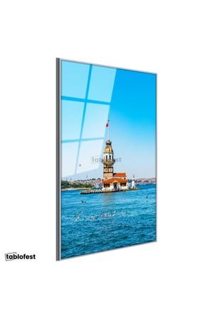 Gümüş Renk Metal Çerçeveli Tamperli Cam Tablo Kız Kulesi ve Mavi Deniz Manzarası Şehir Mimari Tablo Duvar Dekoru