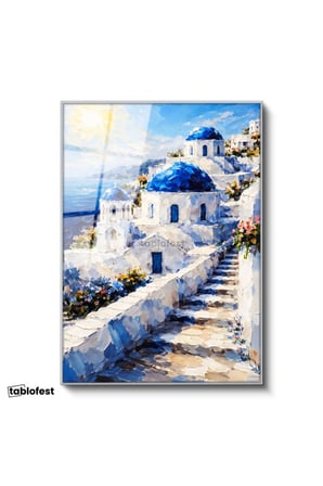 Gümüş Renk Metal Çerçeveli Tamperli Cam Tablo Santorini Adası Ve Merdivenli Evler Şehir Ve Mimari Tablo Duvar Dekoru