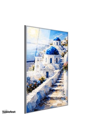 Gümüş Renk Metal Çerçeveli Tamperli Cam Tablo Santorini Adası Ve Merdivenli Evler Şehir Ve Mimari Tablo Duvar Dekoru