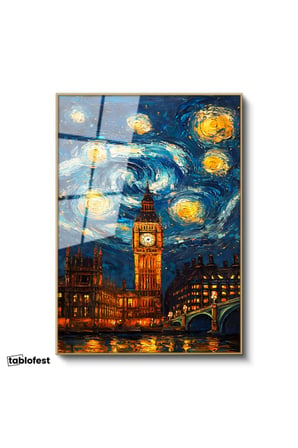 Altın Renk Metal Çerçeveli Tamperli Cam Tablo Londra Big Ben Fantastik Gökyüzü Şehir Ve Mimari Tablo Duvar Dekoru
