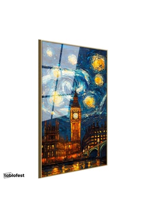 Altın Renk Metal Çerçeveli Tamperli Cam Tablo Londra Big Ben Fantastik Gökyüzü Şehir Ve Mimari Tablo Duvar Dekoru