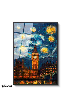 Siyah Renk Metal Çerçeveli Tamperli Cam Tablo Londra Big Ben Fantastik Gökyüzü Şehir Ve Mimari Tablo Duvar Dekoru