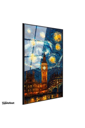 Siyah Renk Metal Çerçeveli Tamperli Cam Tablo Londra Big Ben Fantastik Gökyüzü Şehir Ve Mimari Tablo Duvar Dekoru