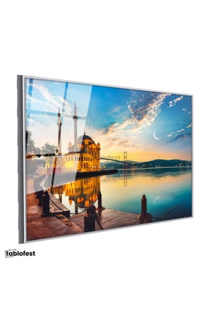 Gümüş Renk Metal Çerçeveli Tamperli Cam Tablo Ortaköy Camii ve Köprü Şehir Mimari Tablo Duvar Dekoru